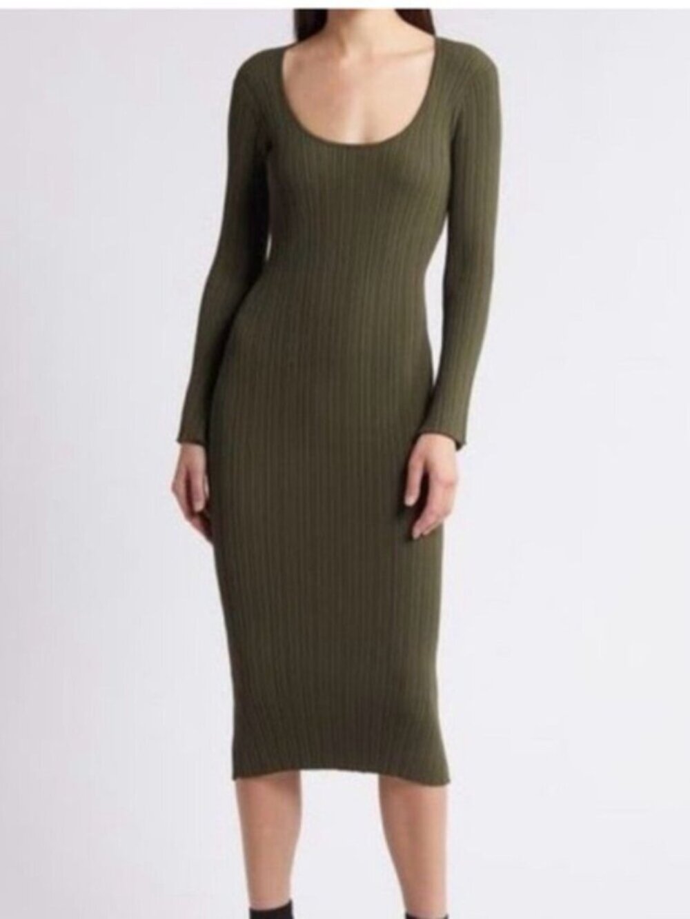 WAYF Alexi Midi Dress Small Ribbed Long Sleeve Scoop Neck Tie Back Olive Green
